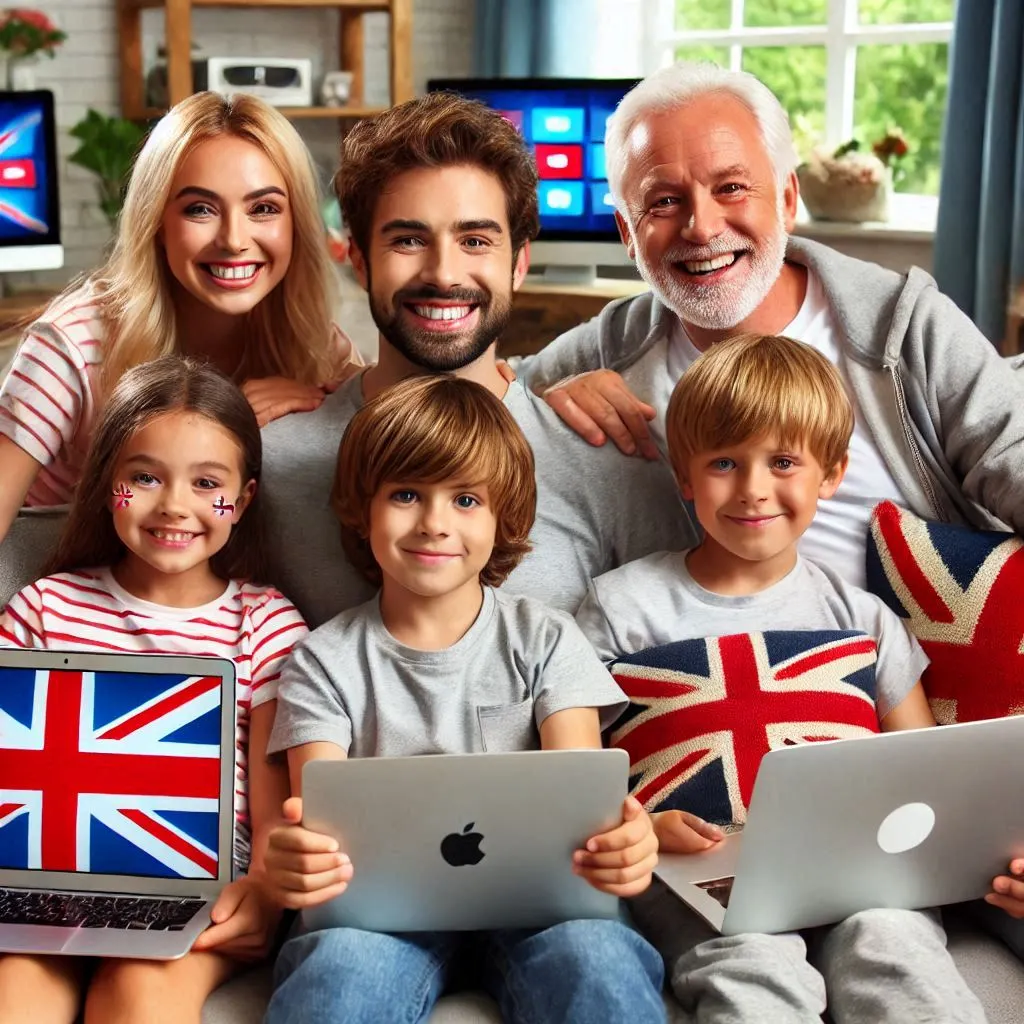 family with devices enjoying British IPTV service