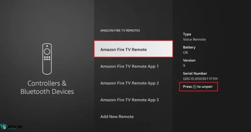 A Firestick remote with the home button highlighted and a TV screen showing the successful pairing confirmation message.