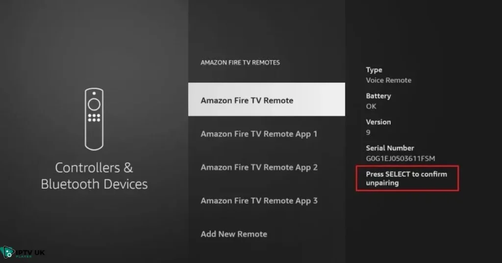 A Firestick remote with the home button highlighted and a TV screen showing the successful pairing confirmation message.