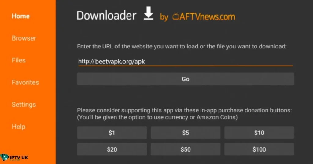 Downloading BeeTV Firestick APK using Downloader app.