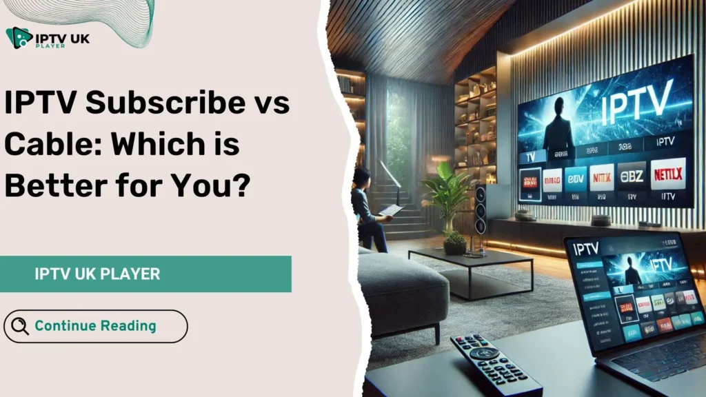 IPTV Subscribe vs Cable: A modern living room with IPTV streaming on a TV and tablet