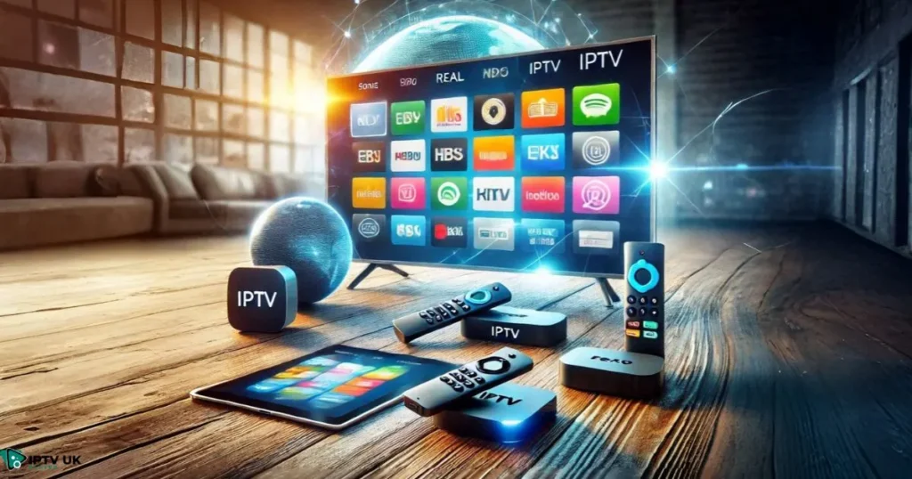 Different devices for IPTV streaming: smart TV, tablet, smartphone, and streaming box