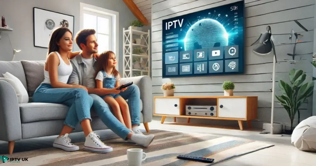 Family enjoying IPTV on a large screen with streaming interface