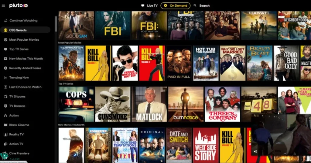 Pluto TV streaming interface, showing movies and TV shows, a great Soap2Day alternative