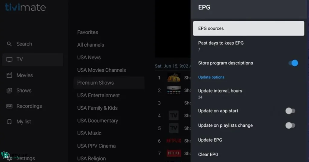 Entering an EPG URL in IPTV settings to load TV schedules.