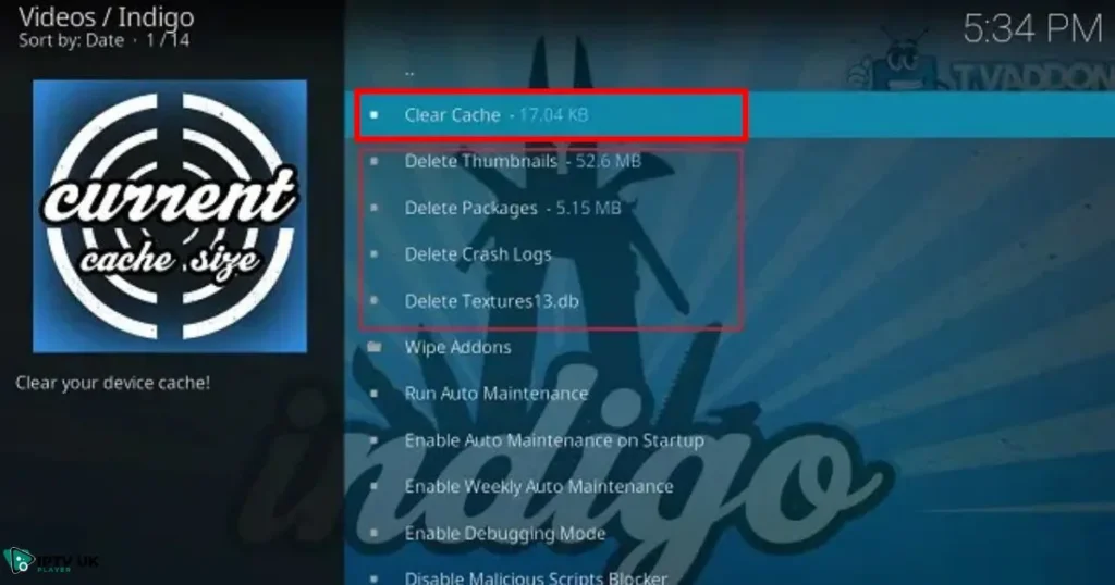 Kodi clear cache with Indigo add-on for efficient cache management.