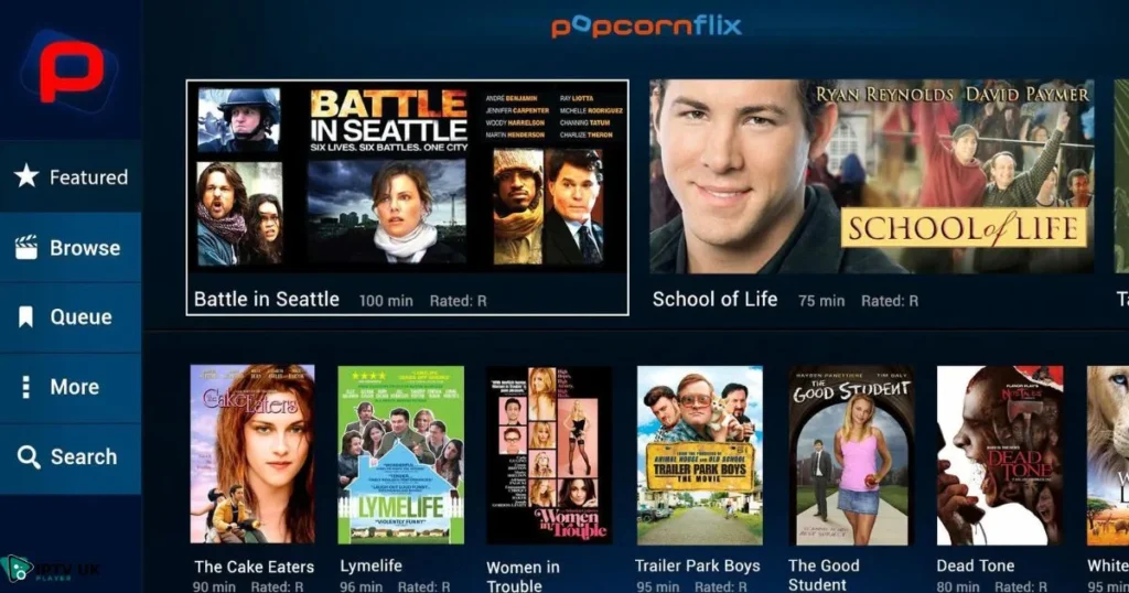 Popcornflix streaming interface, showing movies and TV shows, a great Soap2Day alternative