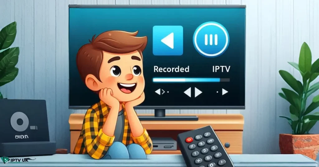 A person enjoying recorded IPTV content with playback controls on screen