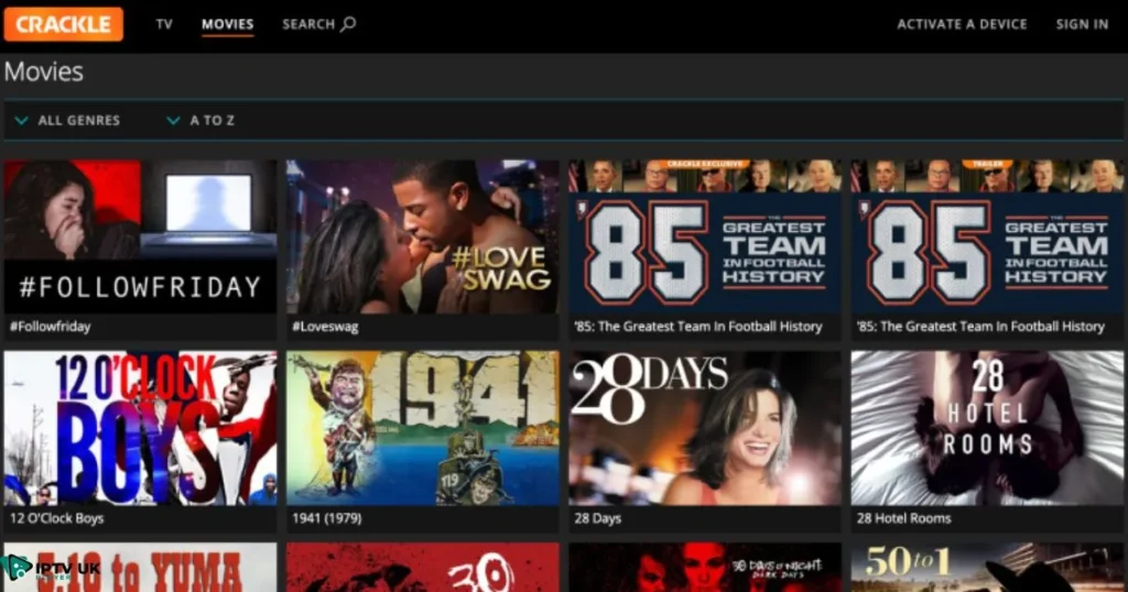 Crackle streaming interface, showing movies and TV shows, a great Soap2Day alternative