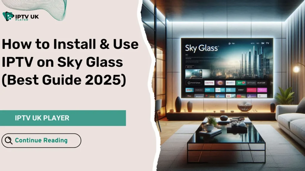 Sky Glass IPTV streaming interface on a modern Sky Glass TV with multiple live TV channels.