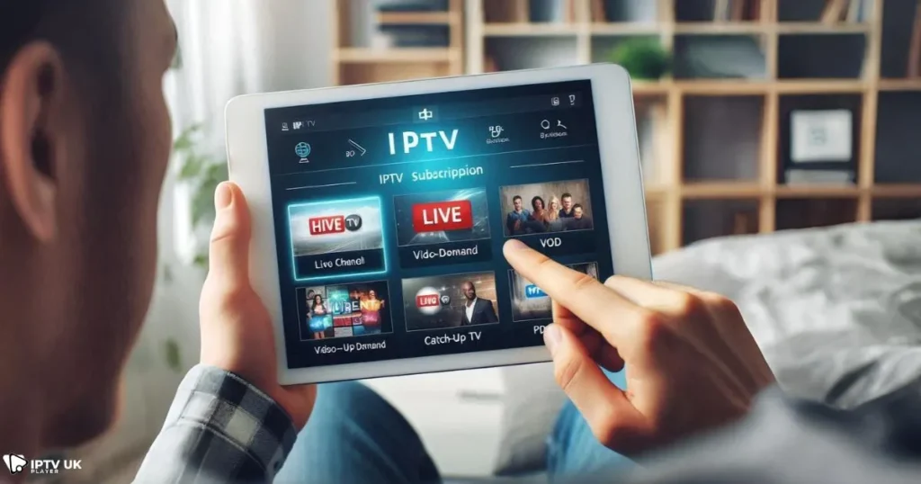 User browsing an IPTV OTT service on a tablet, displaying live TV, VOD, and catch-up TV features.