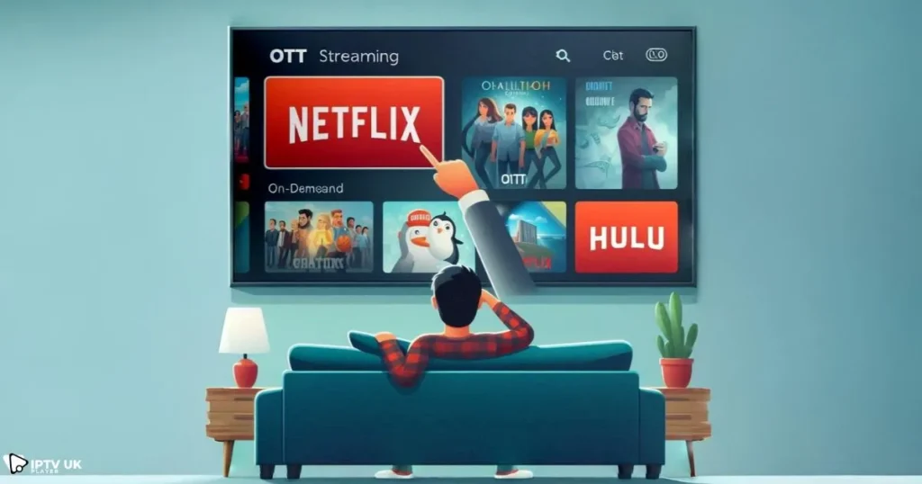 Person streaming OTT IPTV content on a Smart TV, accessing on-demand movies and TV shows.