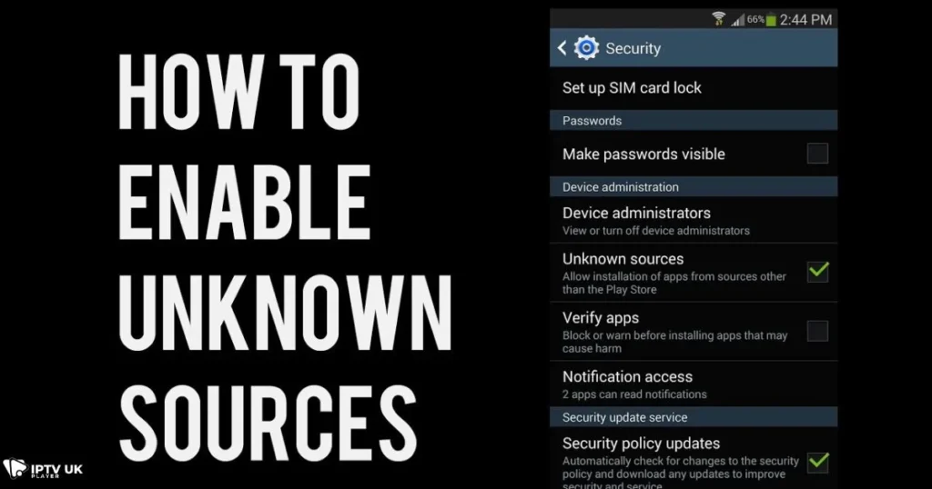 Enabling unknown sources to install Smarters Player Lite APK on Android.
