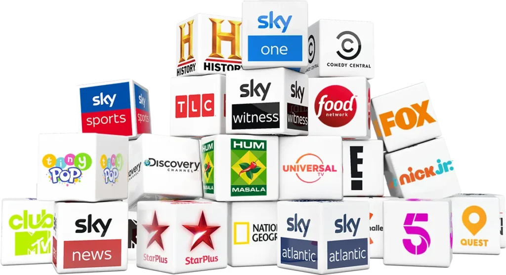 Logos of popular British TV channels including BBC, ITV, Channel 4, Sky Sports, and more, available on our IPTV service