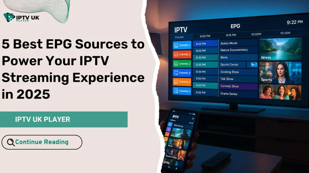 Smart home setup with an IPTV interface showing an electronic program guide, representing a modern iptv source