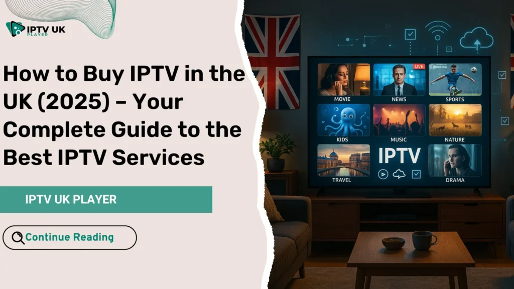Modern UK living room showing IPTV streaming setup, ideal for readers looking to buy IPTV in the UK.