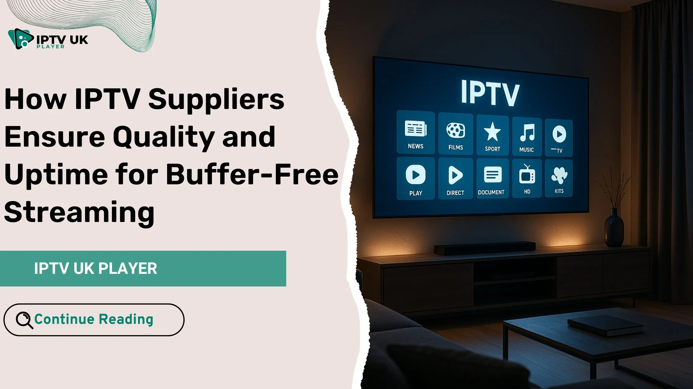 Modern IPTV interface on TV screen showcasing buffer-free streaming and high iptv service quality