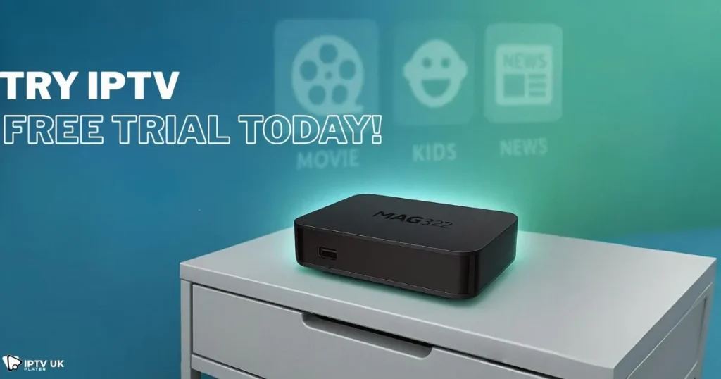 Promotional banner for best IPTV subscription MAG 322 with free trial offer