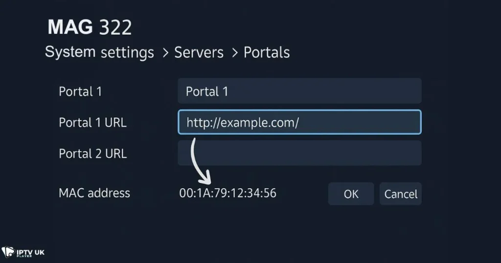MAG 322 IPTV setup screen showing portal settings for iptv uk mag configuration
