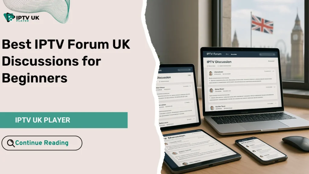People exploring an iptv forum uk on multiple devices in a modern workspace