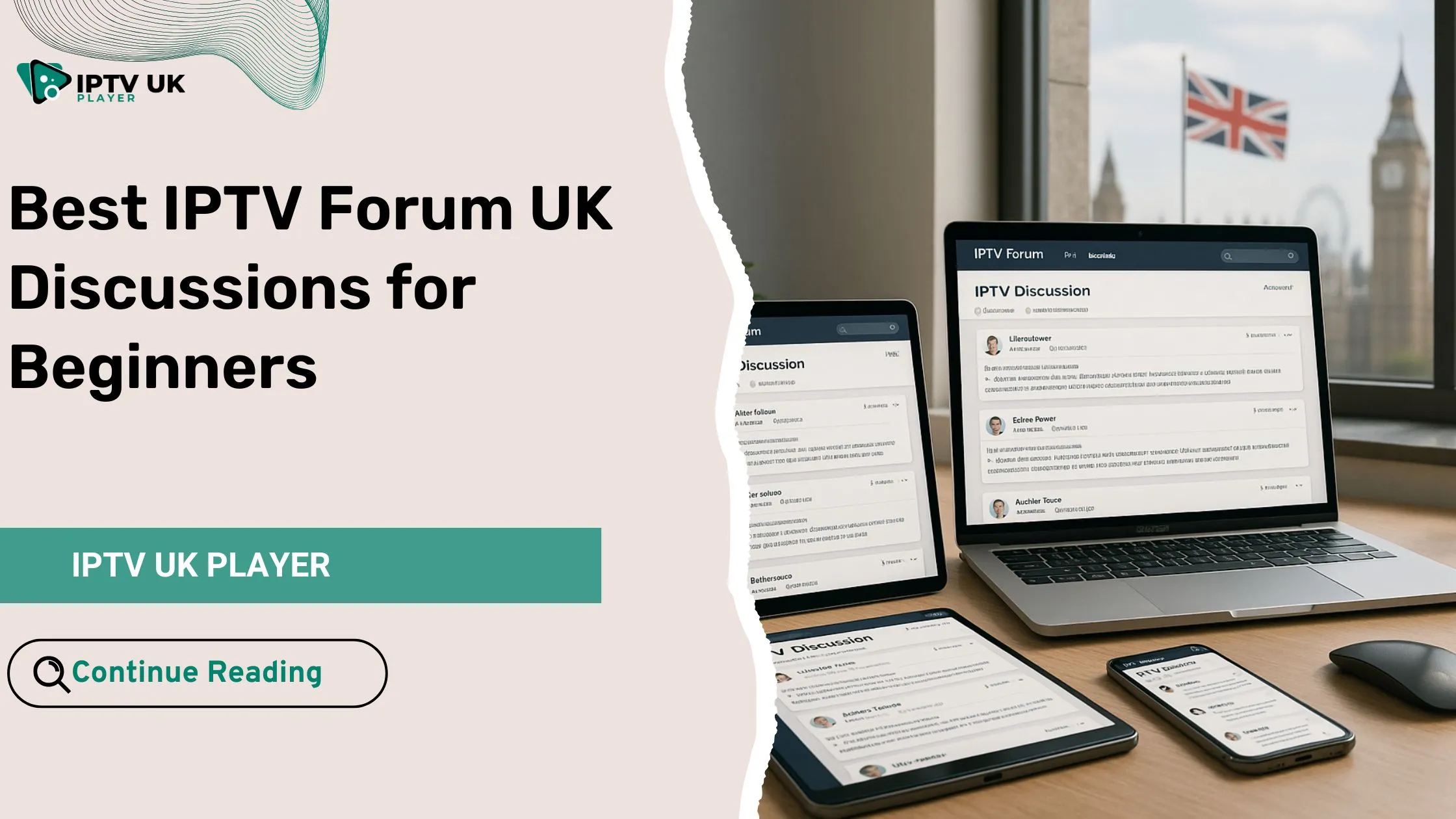 People exploring an iptv forum uk on multiple devices in a modern workspace