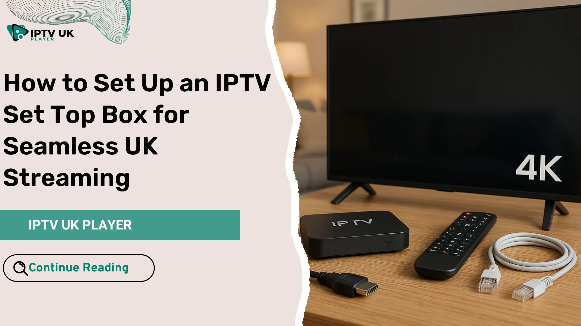Modern IPTV set top box with accessories in a UK living room setup