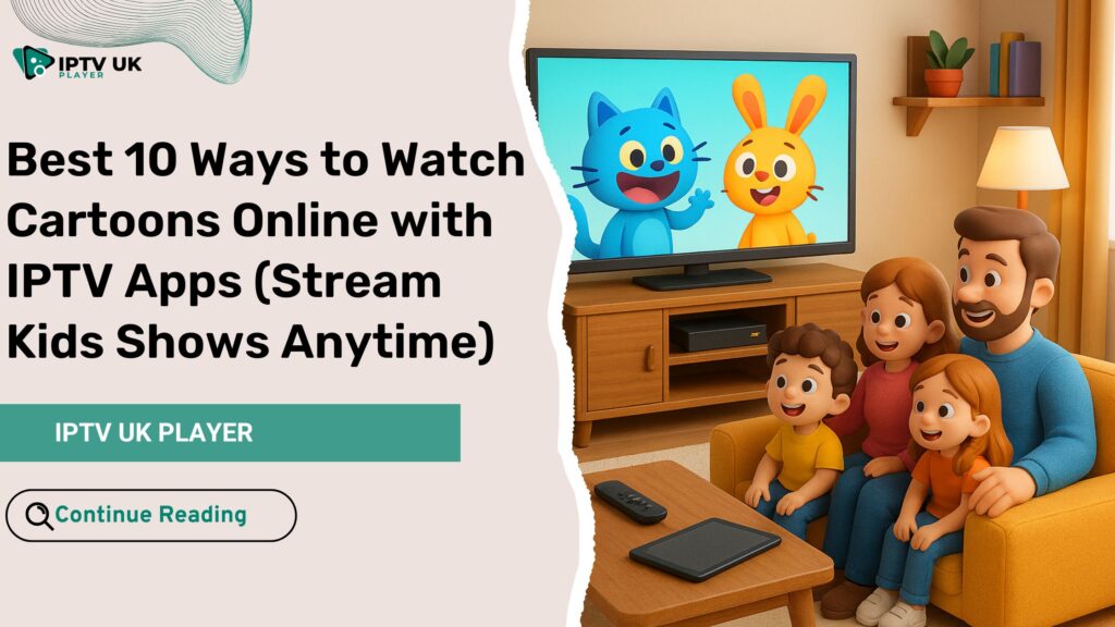 Family using IPTV apps to watch cartoons online on a smart TV and tablet