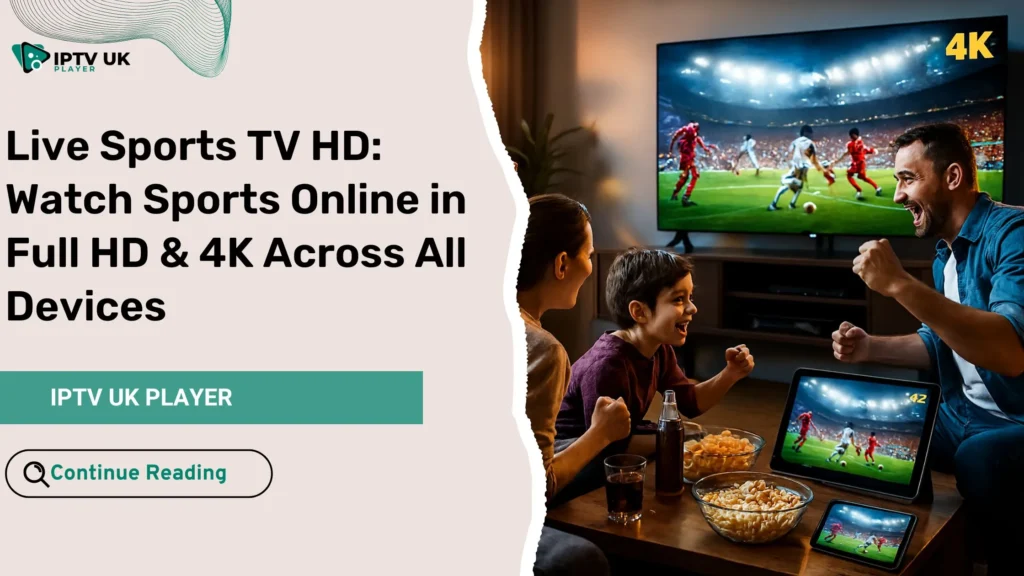 Family enjoying live sports TV HD across multiple devices in a living room