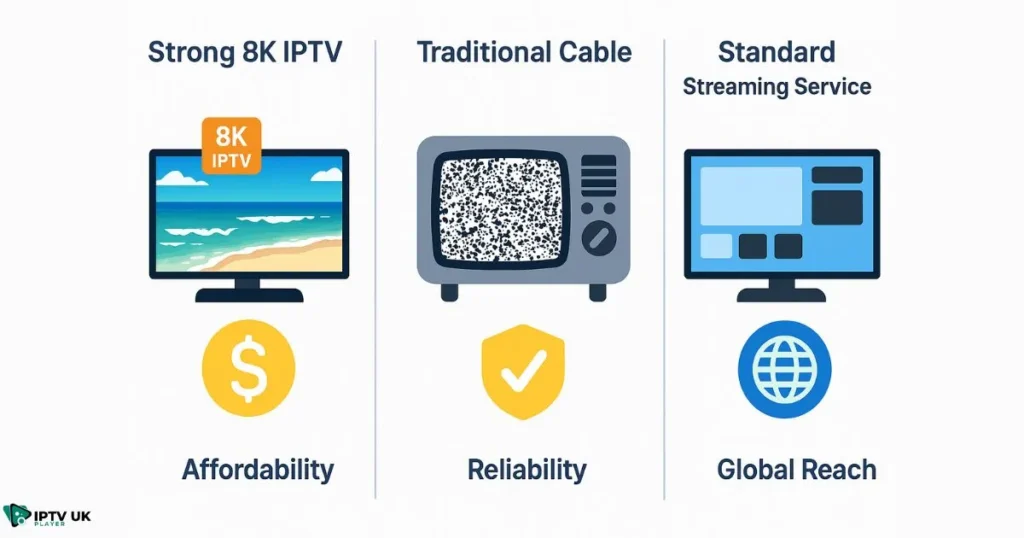 Infographic comparing strong 8k iptv to cable and streaming services