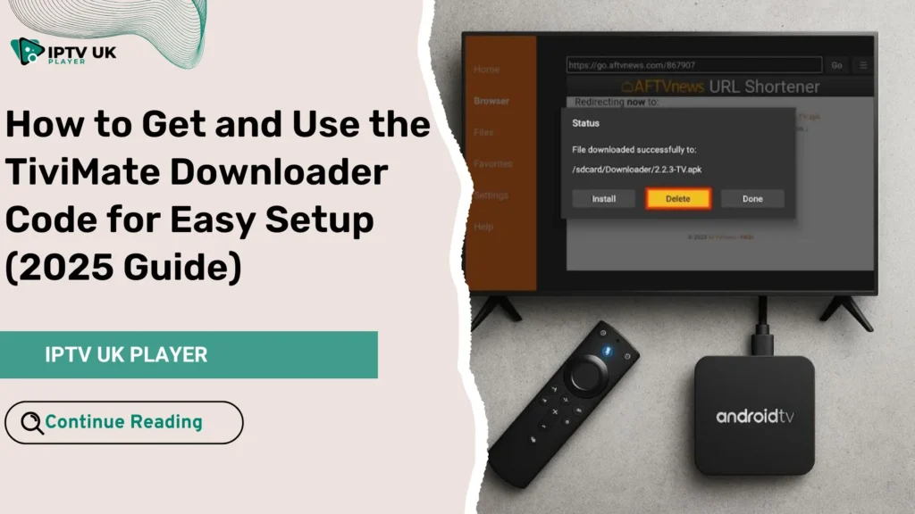 Smart TV setup with Firestick and Android TV showing TiviMate downloader code installation process