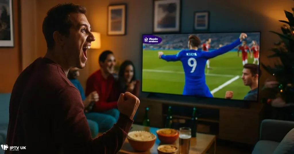 UK fans enjoying Premier League live IPTV streaming at home.