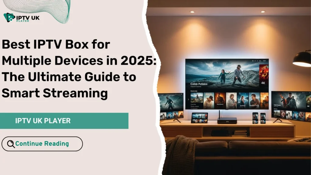 Modern living room streaming setup showing the best IPTV box for multiple devices in 2025 across several screens.