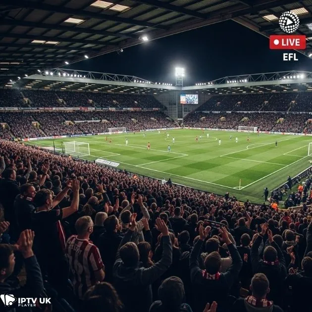Live EFL footballs match streamed online showing UK fans and stadium excitement.
