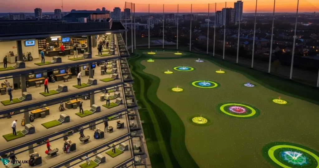 Aerial view of Top Golf Watford with golfers and LED targets on the driving range.