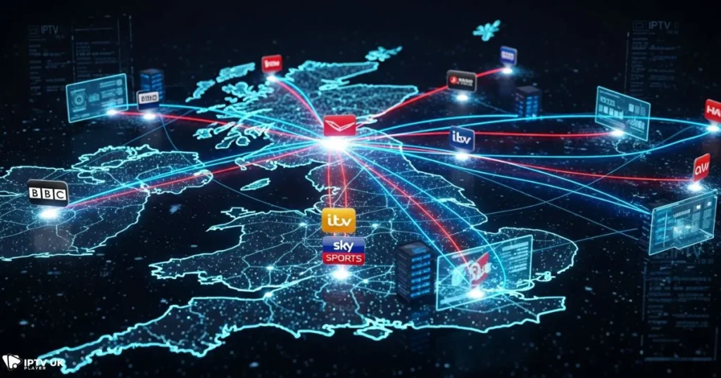 Illustration showing how an iptv uk service delivers channels across the United Kingdom.