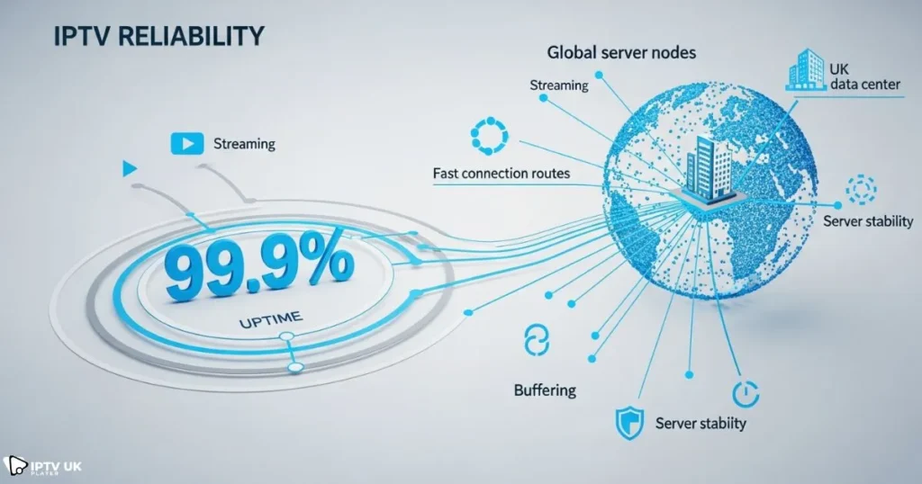 Infographic showing the reliability and uptime performance of trex iptv server for UK viewers.