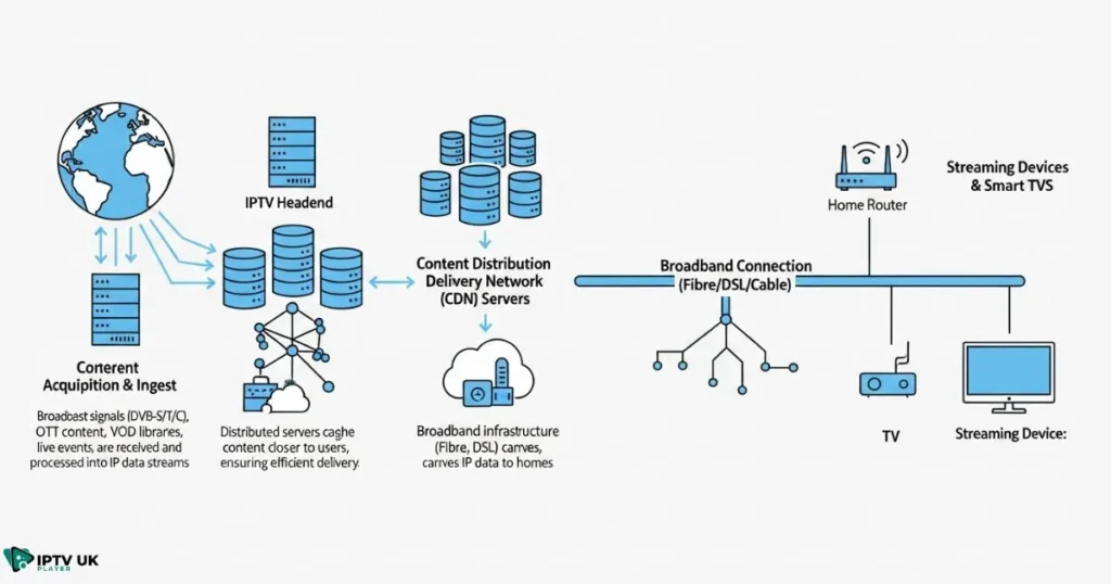 Diagram showing how IPTV works for readers researching IPTV reviews.