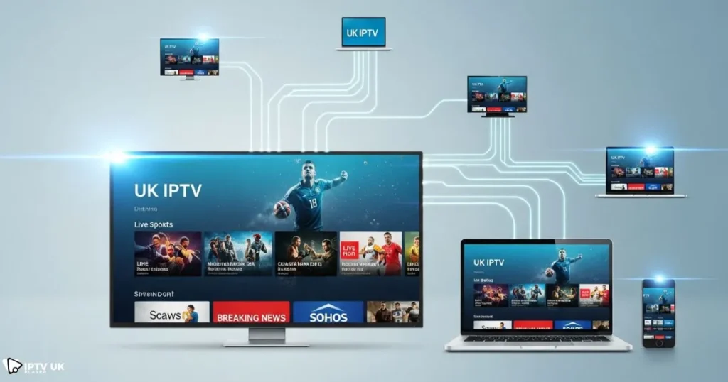 Studio IPTV interface connecting multiple devices across HD IPTV network.