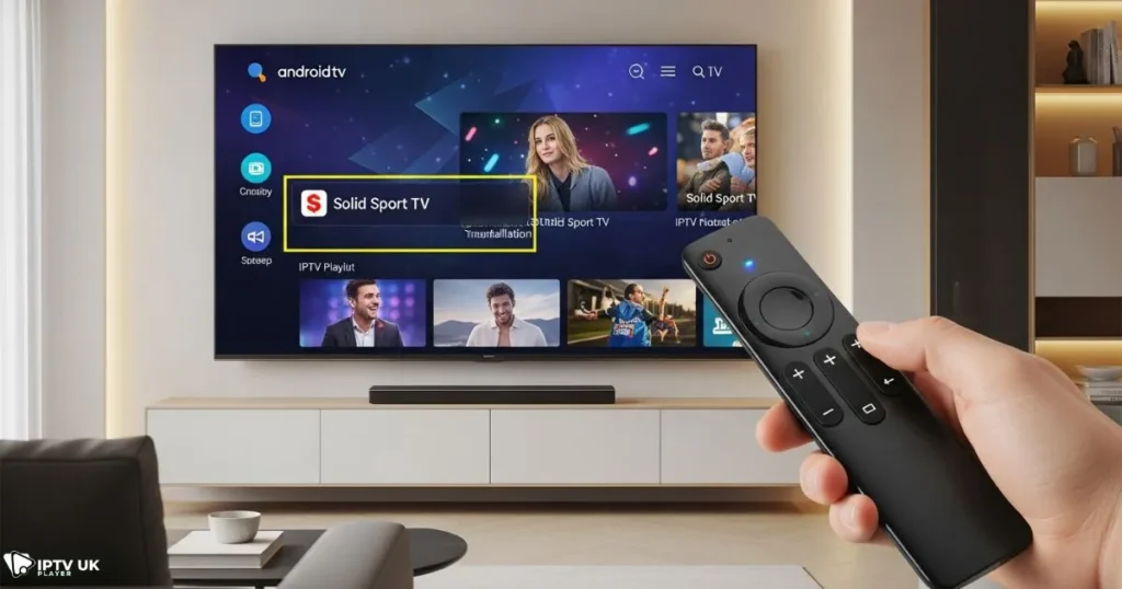 Smart TV screen showing solid sport tv app setup and IPTV configuration