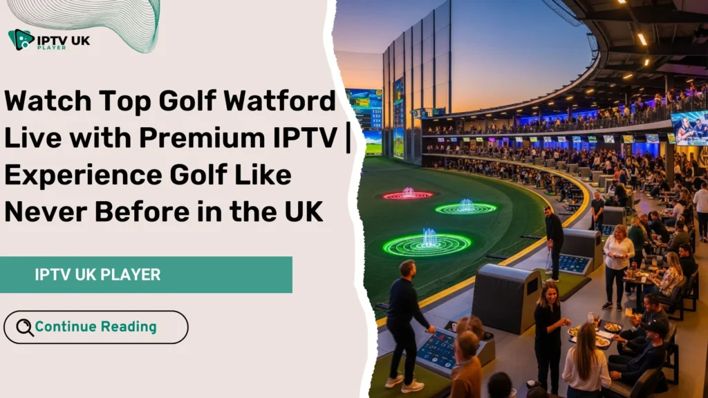 Top Golf Watford driving range at sunset with players and glowing targets.