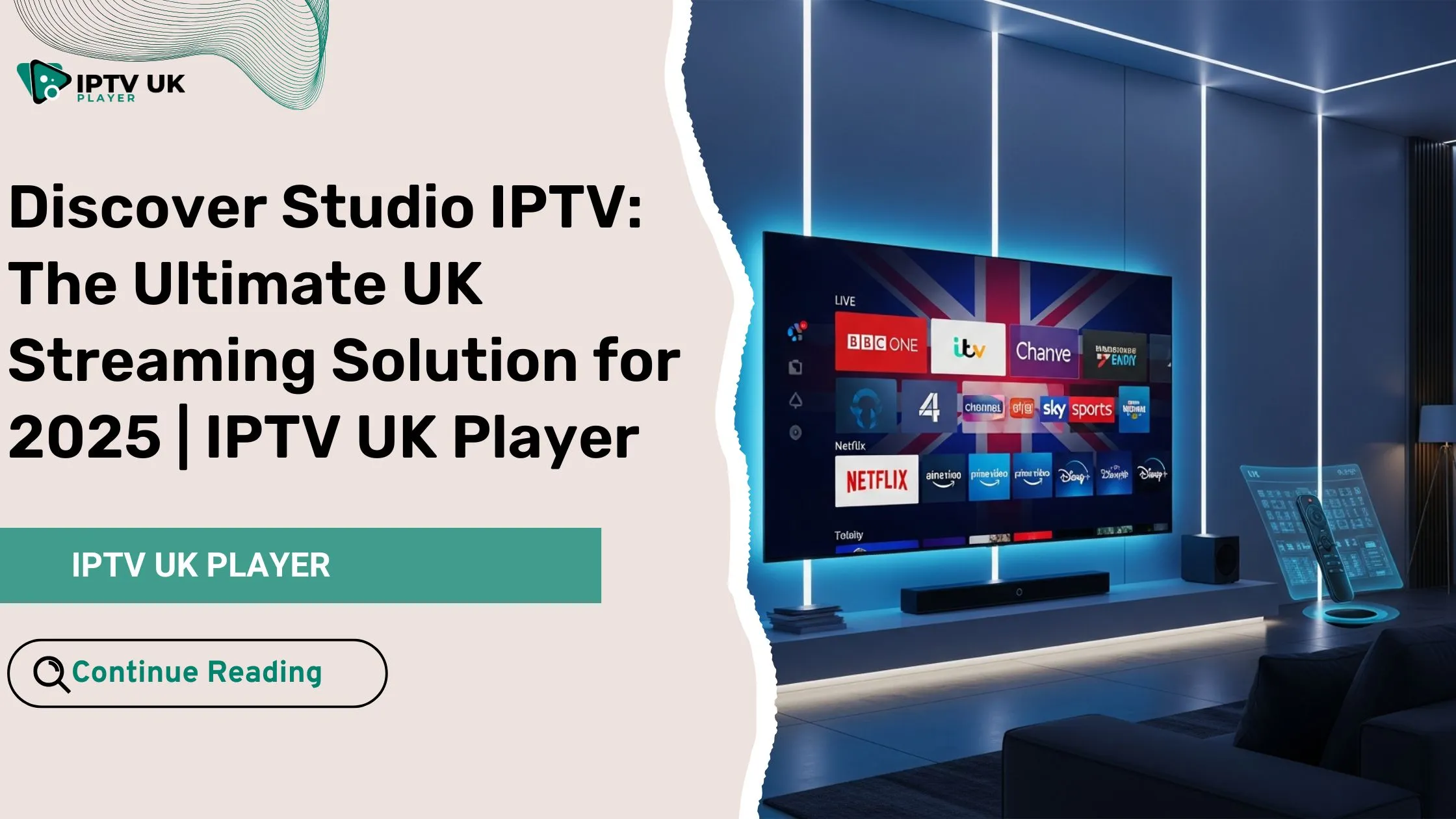 Modern living room setup showcasing Studio IPTV UK interface in high definition.