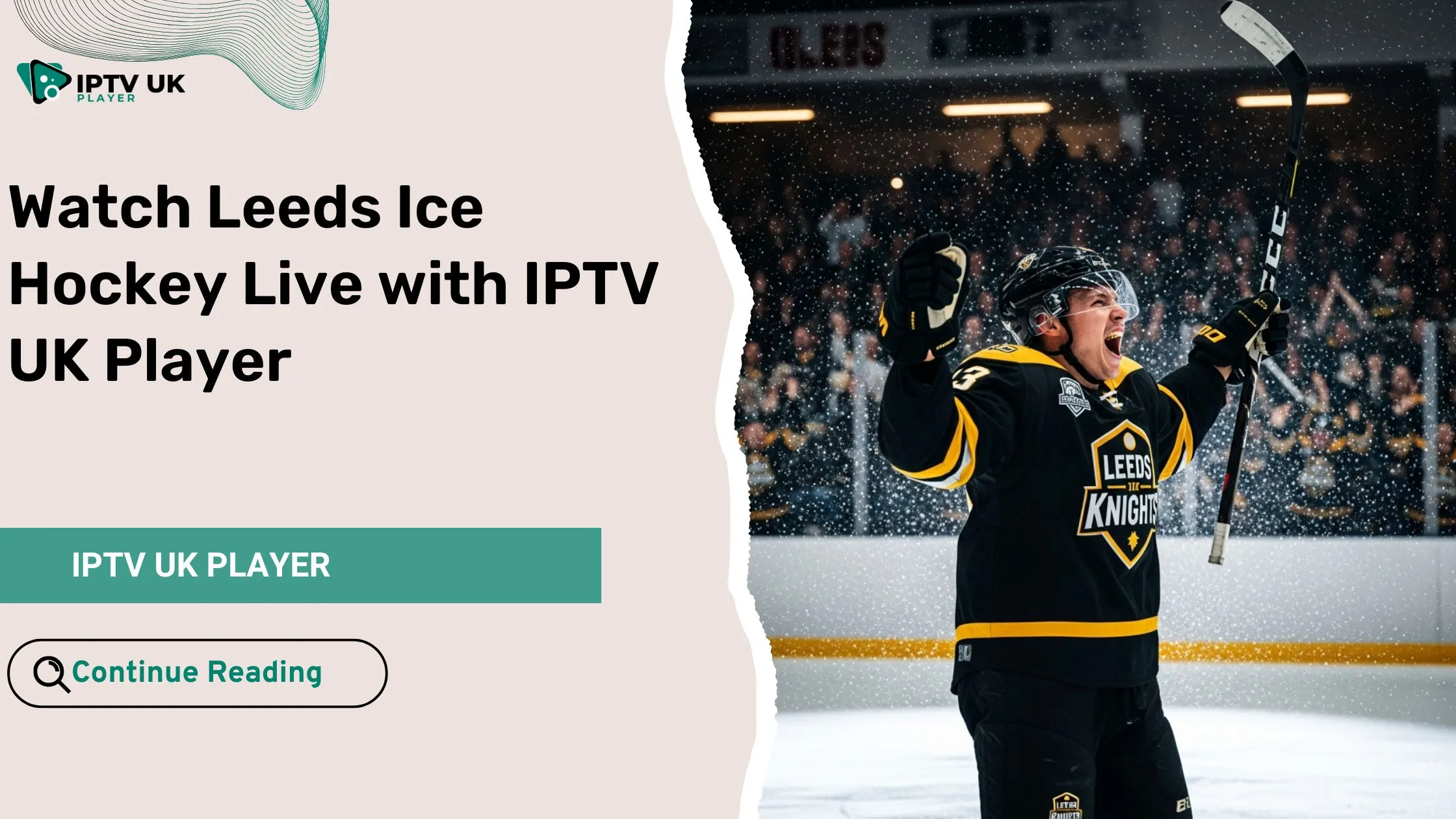 Leeds ice hockey player celebrating during a live British ice hockey match in front of cheering fans.