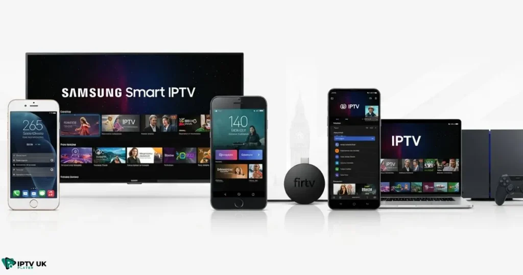 Range of iptv devices uk including Smart TVs, Firestick, smartphones, and gaming consoles.