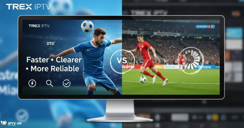 Comparison of trex iptv performance versus other uk iptv servers highlighting best iptv provider uk quality.
