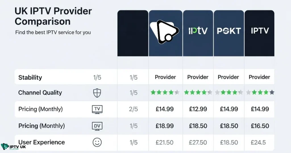 Visual comparison of IPTV service reviews showing provider ratings in the UK.