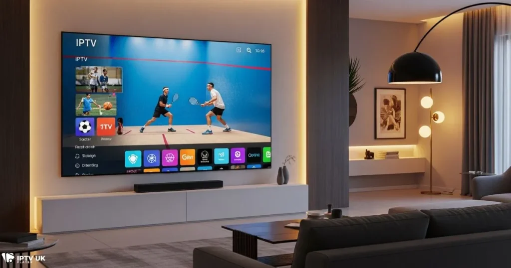 IPTV interface showing live squash streaming on a Smart TV in the UK.