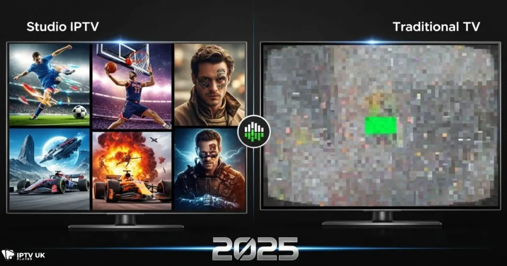 Comparison of Studio IPTV UK 4K streaming vs traditional cable quality.