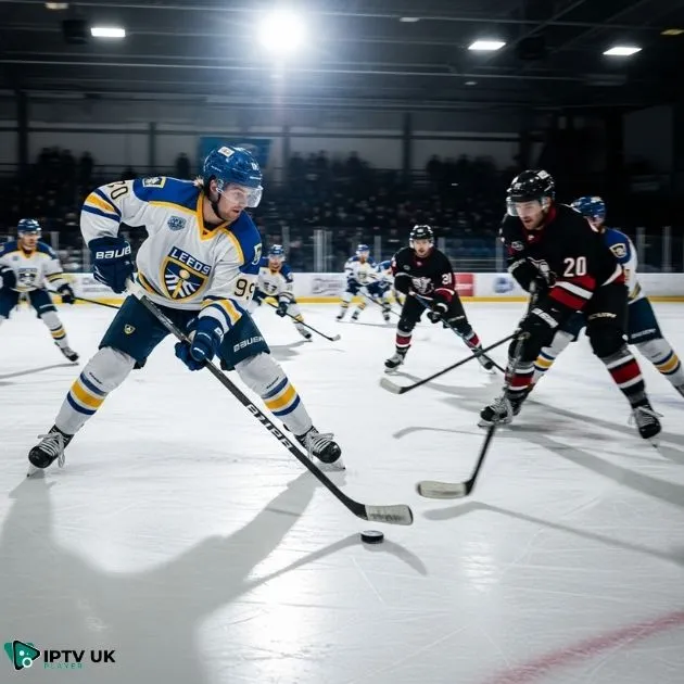 Leeds ice hockey team playing in a British ice hockey league match under bright arena lights.