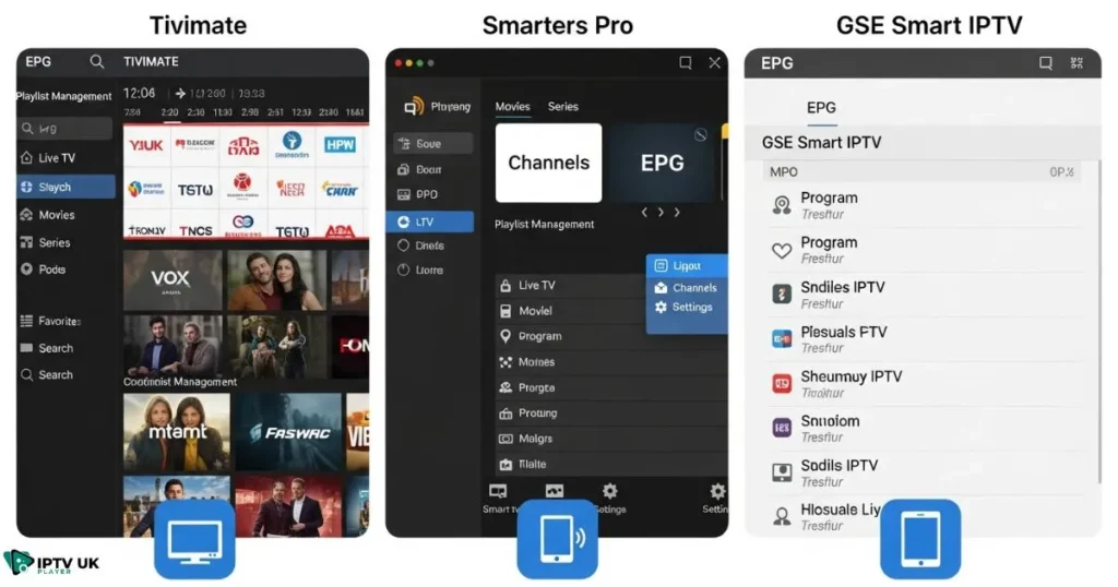 Comparison of the best IPTV player UK interfaces showing playlist and EPG features.