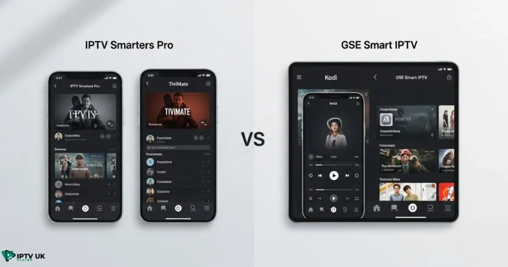 Comparison of the best iptv apps uk including IPTV Smarters, TiviMate, Kodi, and GSE Smart IPTV.